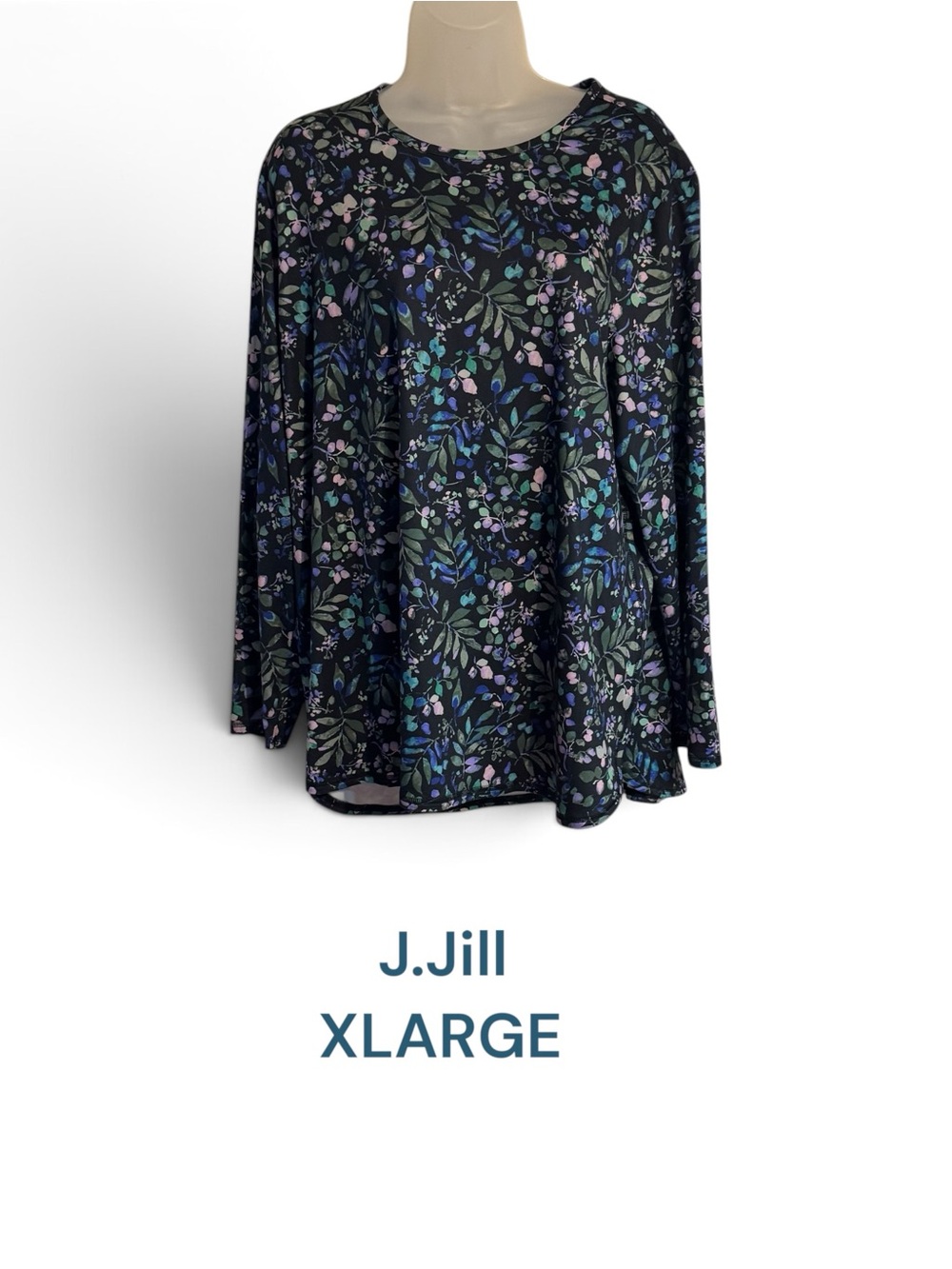 J. Jill Black Floral Long-Sleeve Tee with Lavender and Blue Accents XLARGE #W
